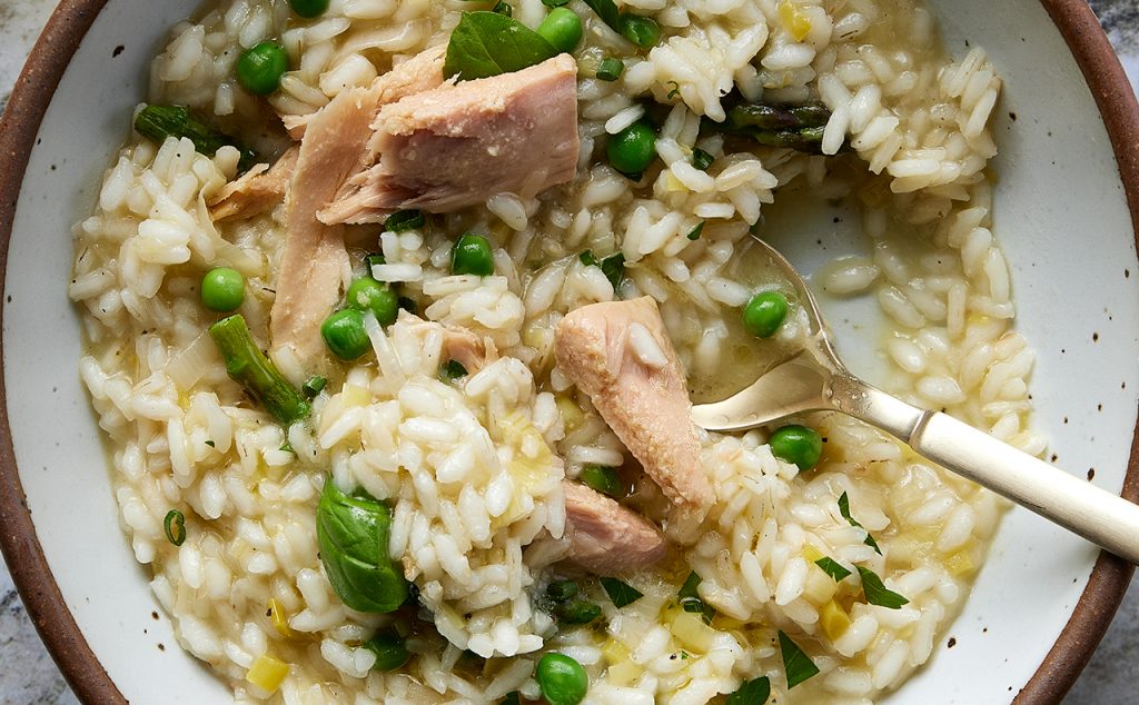 Asparagus & Spring Pea Truffled Risotto with Tonnino Tuna Fillets in Olive Oil infused with Truffle