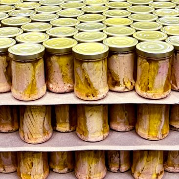 Hand packed tuna into jars